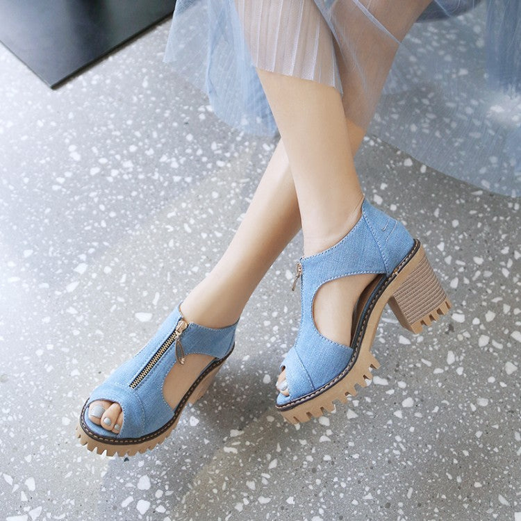 Women Denim Zipper Chunky Heel Platform Sandals