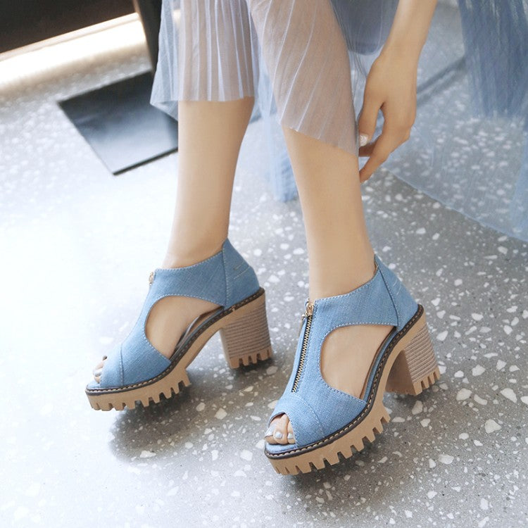 Women Denim Zipper Chunky Heel Platform Sandals