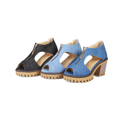 Women Denim Zipper Chunky Heel Platform Sandals