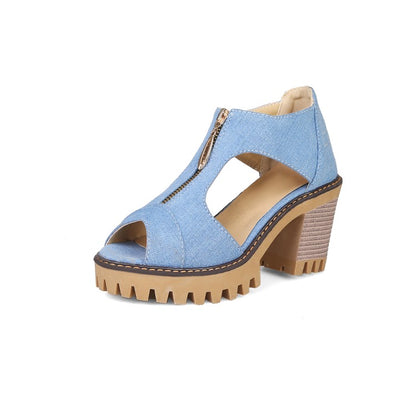 Women Denim Zipper Chunky Heel Platform Sandals