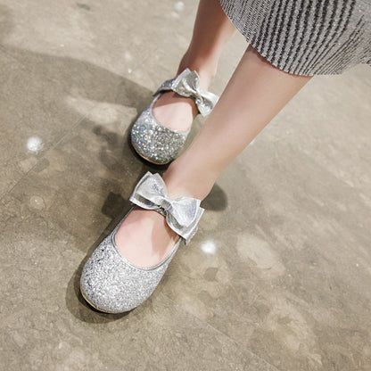 Women Sequined Bowtie Flats Mary Jane Shoes