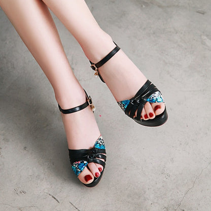 Women Flora Print Ankle Strap Pearls High Heel Platform Sandals