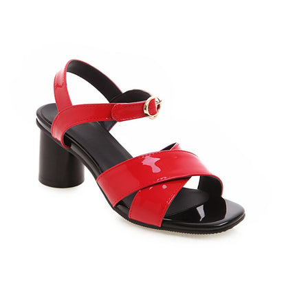 Women Peep Toe Patent Leather Block Heels Sandals