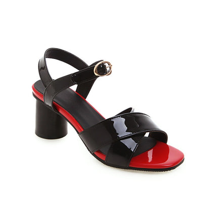 Women Peep Toe Patent Leather Block Heels Sandals