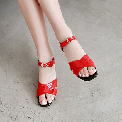 Women Peep Toe Patent Leather Block Heels Sandals