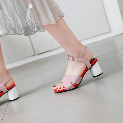 Women Peep Toe Patent Leather Block Heels Sandals