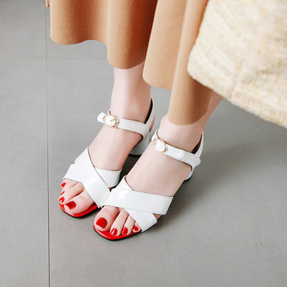 Women Peep Toe Patent Leather Block Heels Sandals