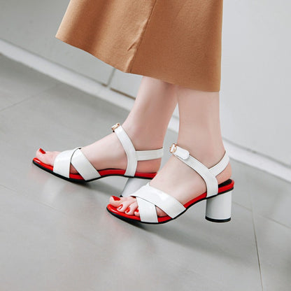 Women Peep Toe Patent Leather Block Heels Sandals