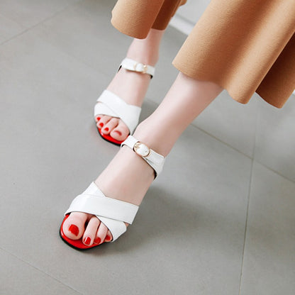 Women Peep Toe Patent Leather Block Heels Sandals