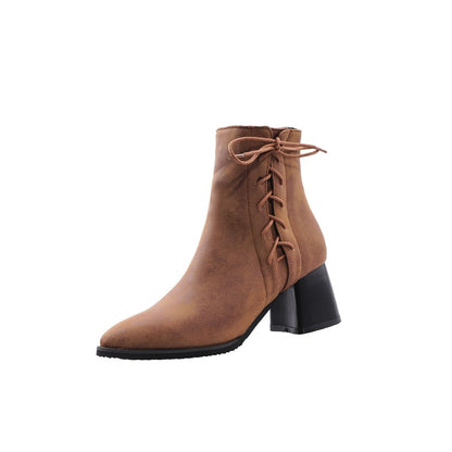 Women Pu Leather Pointed Toe Side Lace Up Block Heel Short Boots