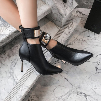 Women Patchwork Pointed Toe Metal Rhinestone Stiletto Heel Short Boots