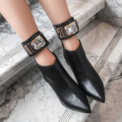 Women Patchwork Pointed Toe Metal Rhinestone Stiletto Heel Short Boots