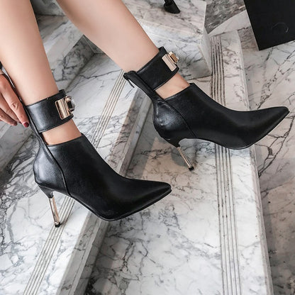 Women Patchwork Pointed Toe Metal Rhinestone Stiletto Heel Short Boots