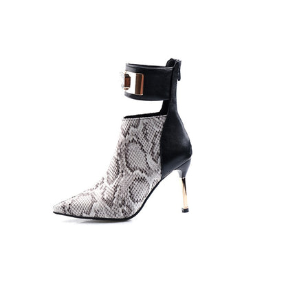 Women Patchwork Pointed Toe Metal Rhinestone Stiletto Heel Short Boots