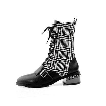 Women Bicolor Pu Leather Pointed Toe Lace Up Puppy Heel Short Boots