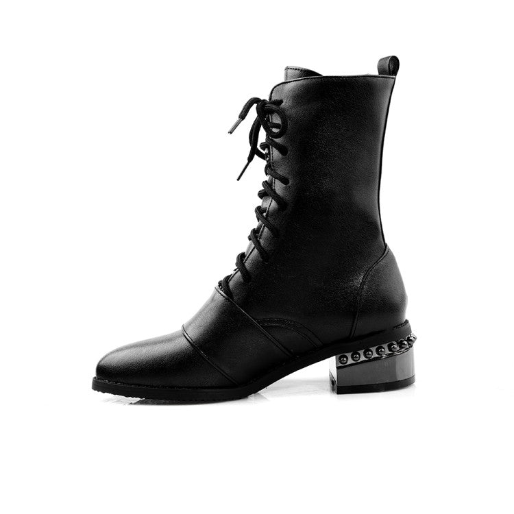 Women Bicolor Pu Leather Pointed Toe Lace Up Puppy Heel Short Boots