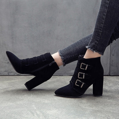 Women Suede Buckle High Heel Short Boots