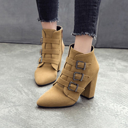 Women Suede Buckle High Heel Short Boots