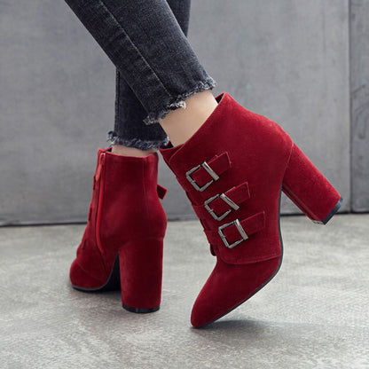 Women Suede Buckle High Heel Short Boots