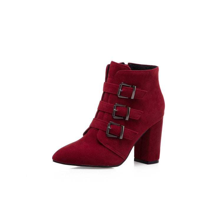 Women Suede Buckle High Heel Short Boots