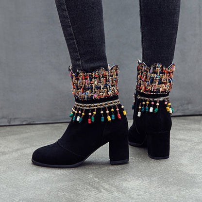 Women Tassel Chunky High Heel Short Boots