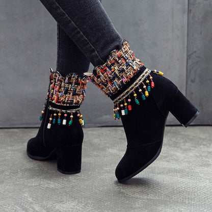 Women Tassel Chunky High Heel Short Boots