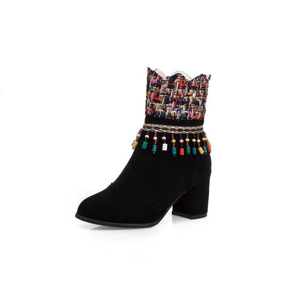 Women Tassel Chunky High Heel Short Boots