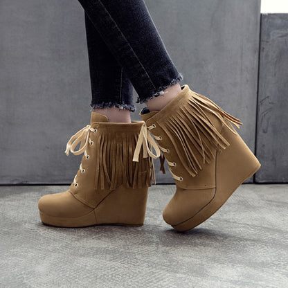 Women Tassel Wedges High Heel Short Boots