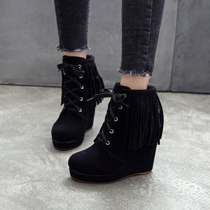 Women Tassel Wedges High Heel Short Boots