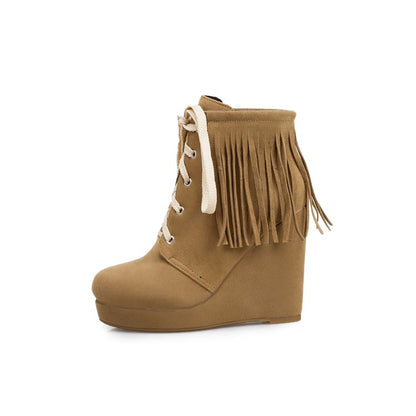 Women Tassel Wedges High Heel Short Boots