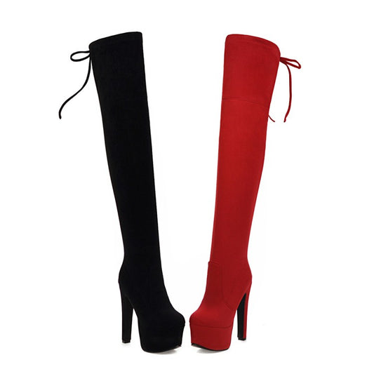 Women Suede Round Toe Back Tied High Heel Platform Over the Knee Boots