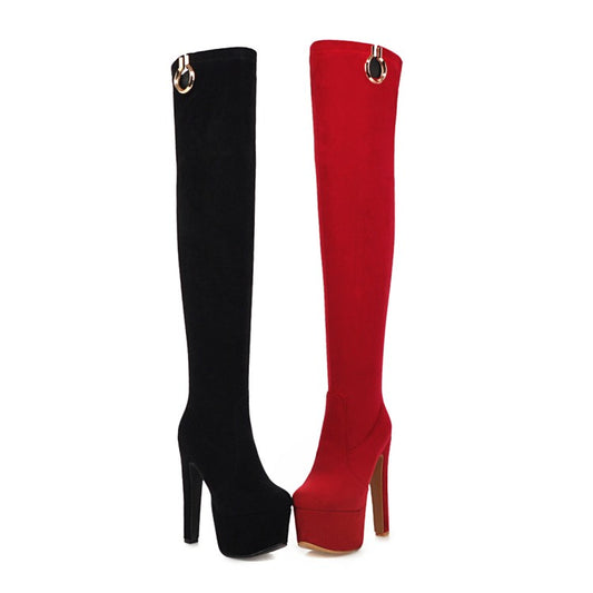 Women Suede Round Toe High Heel Platform Over the Knee Boots