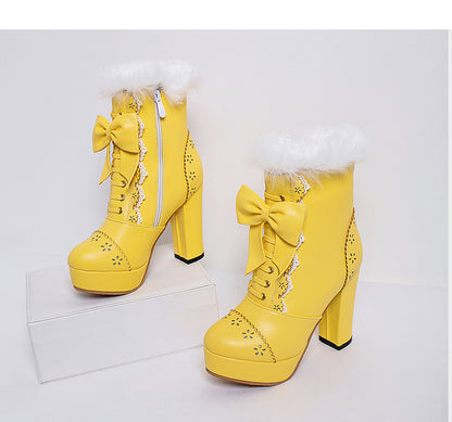 Fur Bow Tie Platform Ankle Boots High Heel Shoes