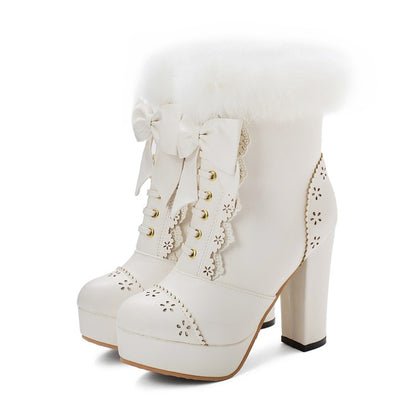 Fur Bow Tie Platform Ankle Boots High Heel Shoes