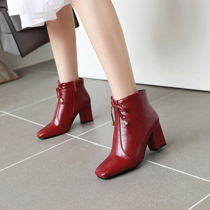 Women Square Toe Tied Knot Block Heel Short Boots