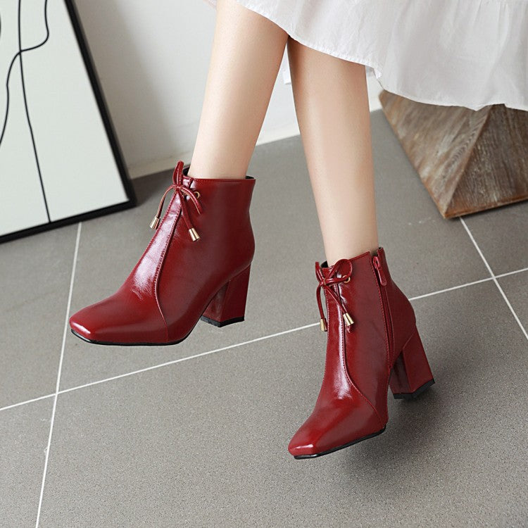 Women Square Toe Tied Knot Block Heel Short Boots