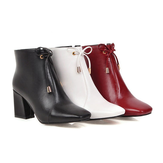 Women Square Toe Tied Knot Block Heel Short Boots