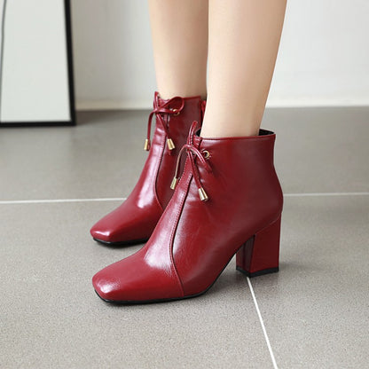 Women Square Toe Tied Knot Block Heel Short Boots