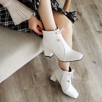 Women Square Toe Tied Knot Block Heel Short Boots