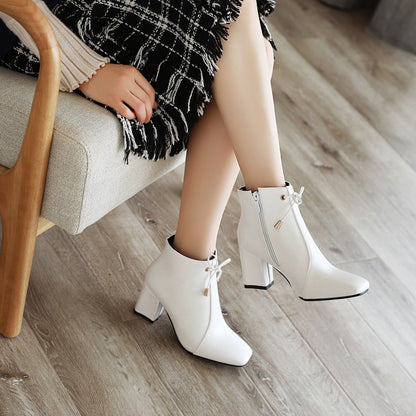 Women Square Toe Tied Knot Block Heel Short Boots