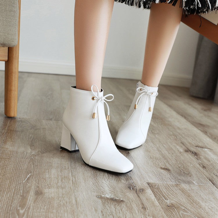 Women Square Toe Tied Knot Block Heel Short Boots