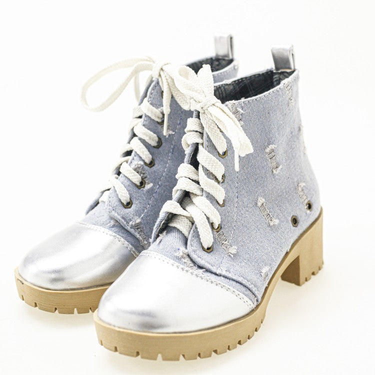 Women Denim Low Heels Short Boots