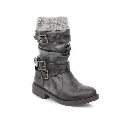 Women Buckle Low Heel Short Motorcycle Boots