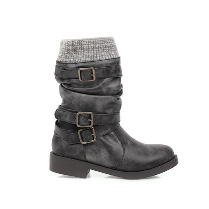 Women Buckle Low Heel Short Motorcycle Boots