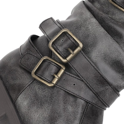 Women Buckle Low Heel Short Motorcycle Boots