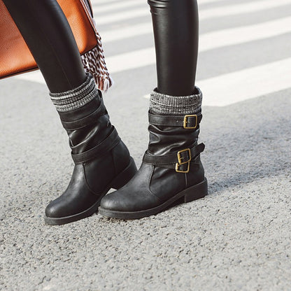 Women Buckle Low Heel Short Motorcycle Boots