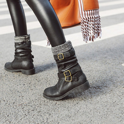 Women Buckle Low Heel Short Motorcycle Boots