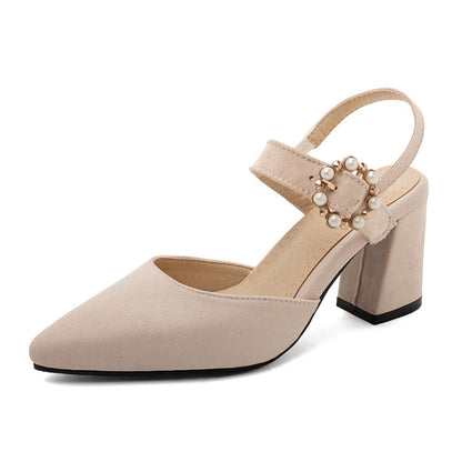 Women Pointed Toe Suede Pearl Block Heel Sandals