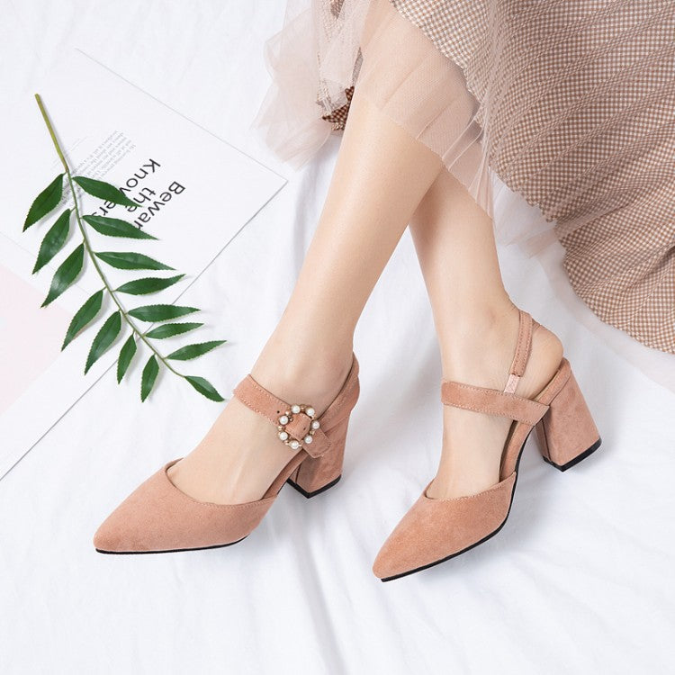 Women Pointed Toe Suede Pearl Block Heel Sandals