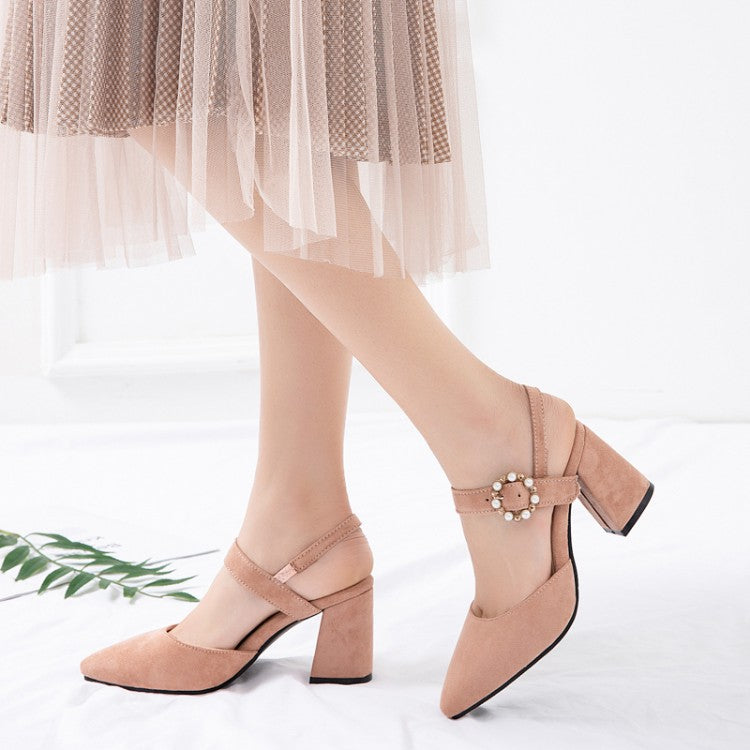 Women Pointed Toe Suede Pearl Block Heel Sandals